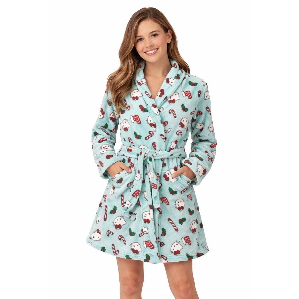 Hello Kitty L XL Christmas Bathrobe Soft Cozy Loungewear Holiday Blue Green